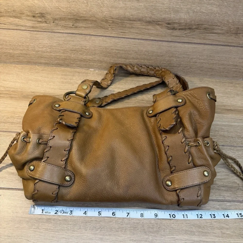 Kooba Sienna Leather Satchel Handbag Tan Whipstitch Braided Hobo Bag Vintage Y2K
